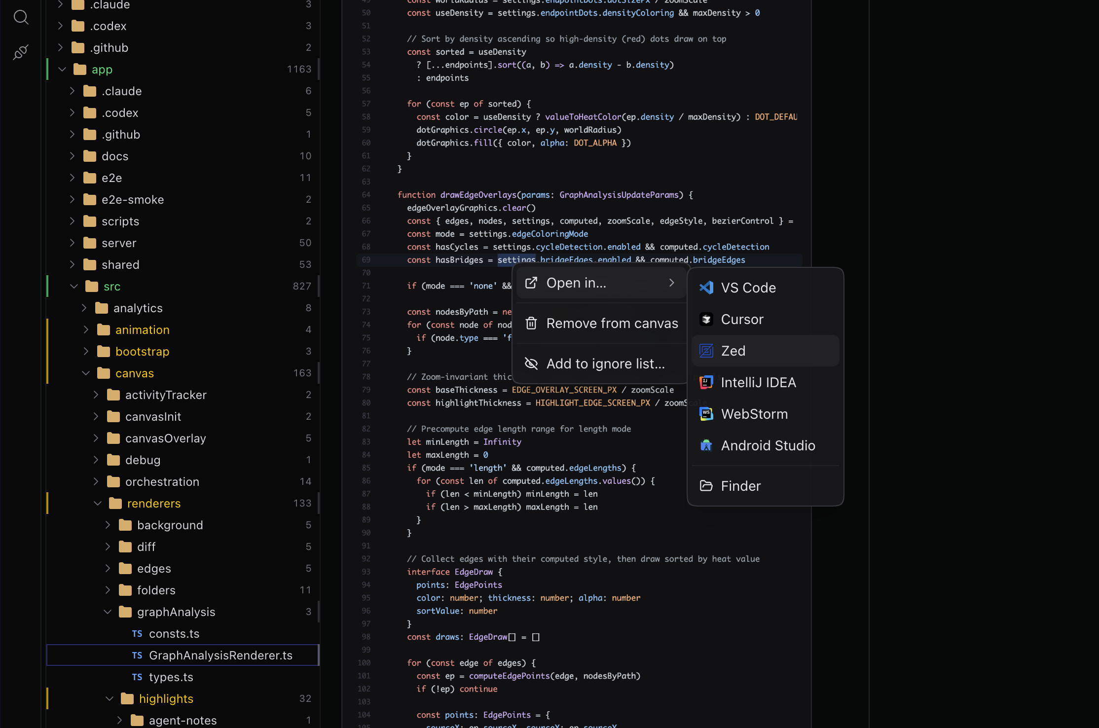Open in editor menu