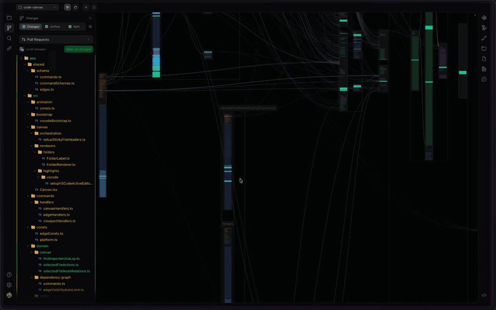 Reviewing local changes and pull requests on the canvas