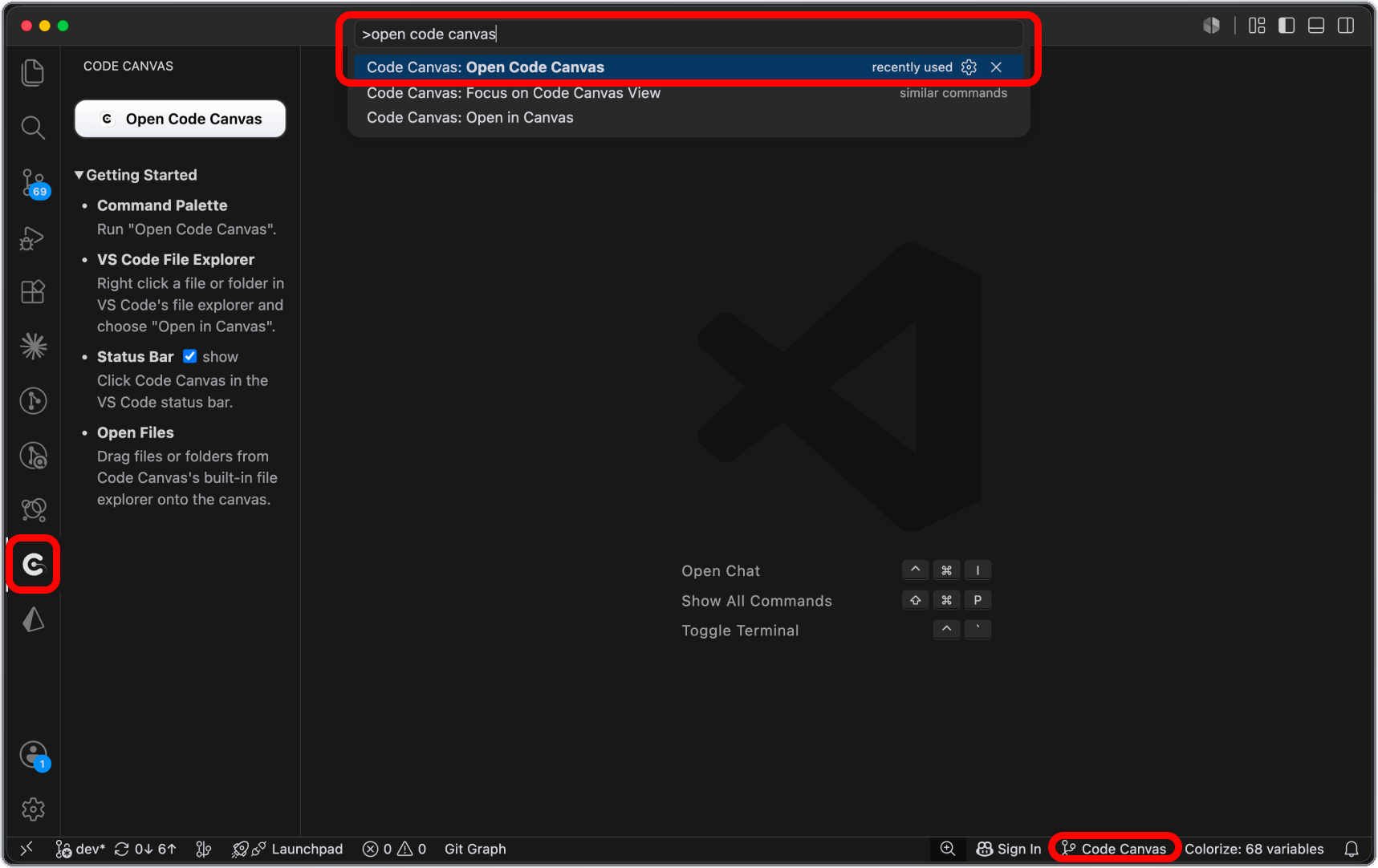 Opening Code Canvas from the VS Code side panel